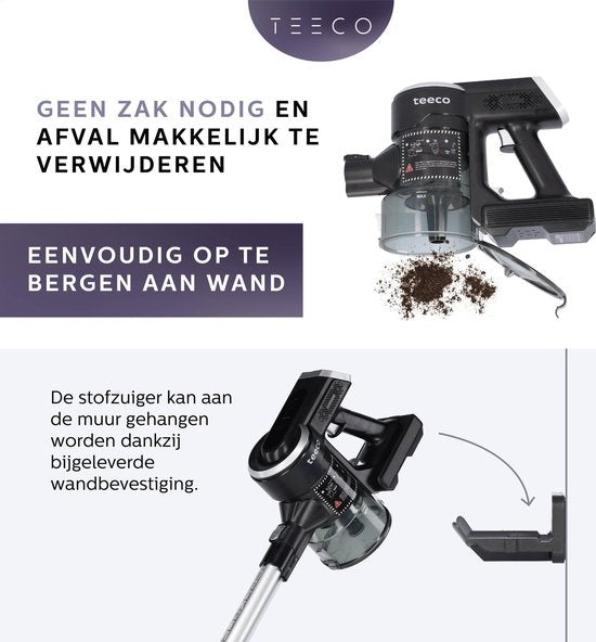Teeco Steelstofzuiger Draadloos - Zonder zak - Kruimeldief - 4-in-1 - Zwart
