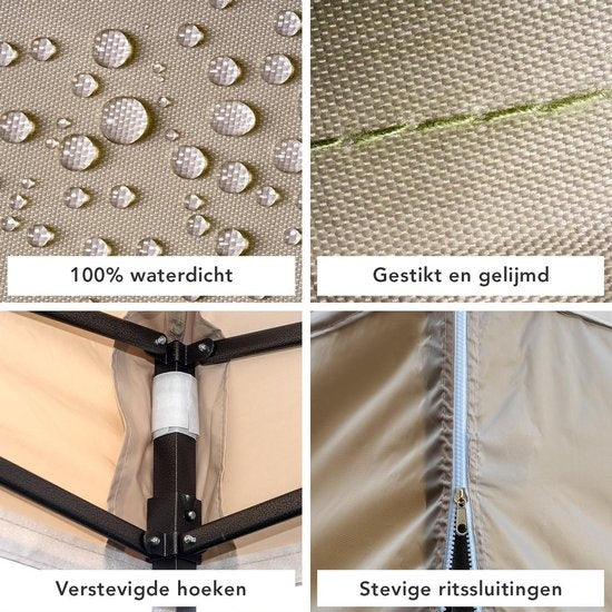 LifeGoods Partytent - Paviljoen - EasyUp - Opvouwbaar - Waterdicht - Met Draagtas met wieltjes - 300 x 300 cm - Beige