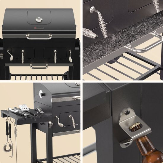 KitchenBrothers Houtskool BBQ XL - Dual Zone Smoker Barbecue - Met Verstelbare Kolenroosters & Inklapbare Zijtafels - PFAS-vrij - 42,3x75,8cm Grilloppervlak - Zwart