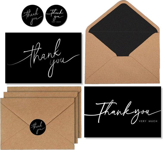 Partizzle 100x Bedankt Kaartjes Met Enveloppen Set - Thank You Cards - Ansichtkaarten - Kaarten Set met Stickers - 15x10 cm - Zwart