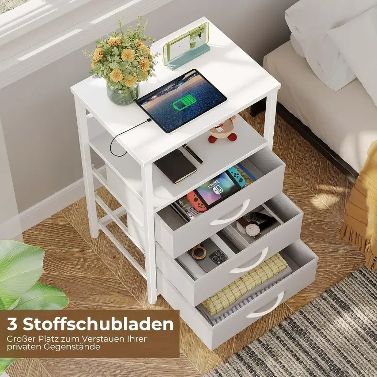 Seventable Bijzettafel met Stof Lades - Ingebouwd Stopcontact en Verlichting - Mat Wit