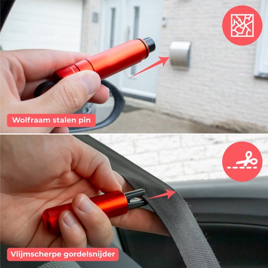 Nuvance - Veiligheidshamer - Noodhamer - Incl. Zelfklevende Houder en Testglas - Lifehammer - Gordelsnijder - Auto Hamer - Veilig Onderweg - Rood