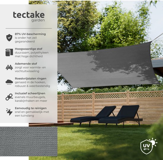 tectake® Rechthoekig Schaduwdoek Sunny - 4 x 6 m - Extra Stevig 185 g/m² HDPE Zonwering Doek - 50+ UV Bescherming - Weerbestendig en Scheurbestendig - Zonnescherm voor Tuin, Balkon, Terras - Zonnedoek inclusief Montagemateriaal - Grijs