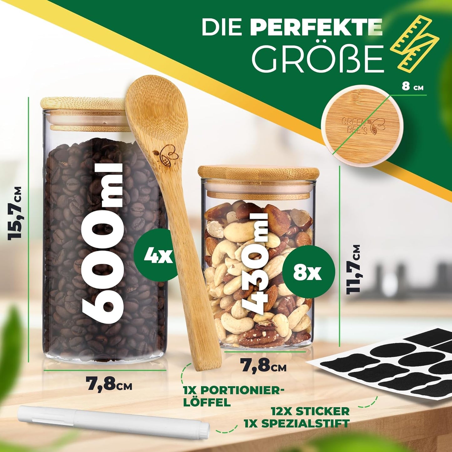 GREEN BEE`S set van 12 voorraadpotten klein - 4x600ml & 8x430ml - Perfect geschikt voor lade & apothekerskast - Duurzame voorraadpotten met luchtdichte deksels - Voor rijst, noten, zaden en specerijen