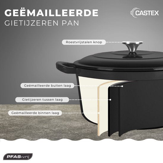 Castex Elegance Royal Gietijzeren Braadpan met Deksel 24 cm - Inductie Pan - Braadpannen Gietijzer - Zwart