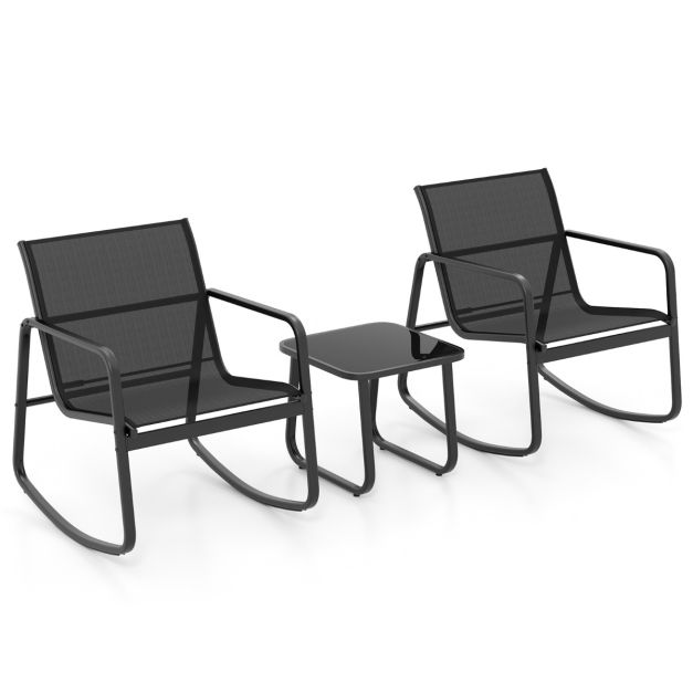 Coast 3-Delige Schommelset Balkonset met 2 Stoelen - 72x61x80 cm - Tafel - 44x44x40 cm – Zwart – Tuinmeubelset met Zachte Schommelbeweging