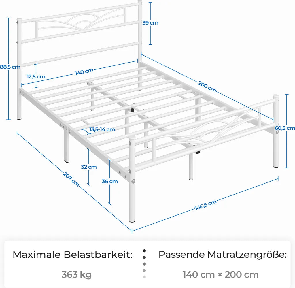 Yaheetech Bedframe 140 × 200 cm – Wit Metaal – Met Wolkenpatroon Hoofd- en Voetbord en 32 cm Opbergruimte