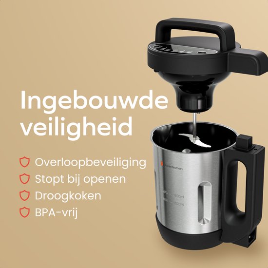 KitchenBrothers Soepmaker - 1.2L - 5 Programma's - Timer Display - Blender - RVS/Zwart