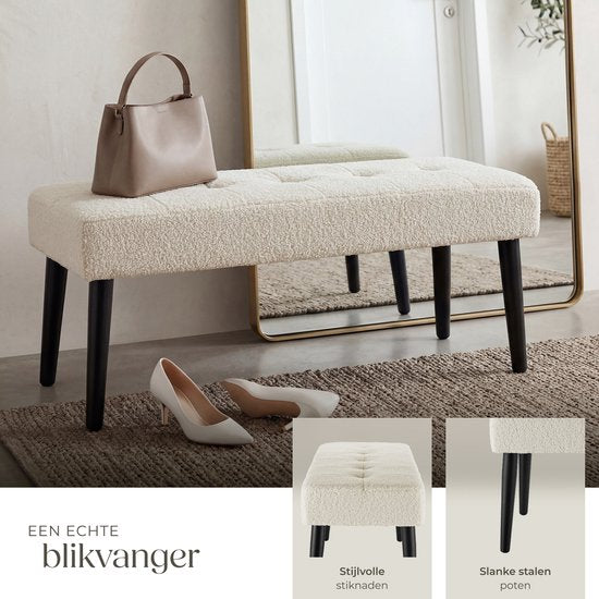 tectake® Gestoffeerd Bankje - 95 x 38 x 45 cm - Stikpatroon - Draagkracht 220 kg - Zitbank - Halbank - Bank voor Woonkamer, Slaapkamer, Bedeinde - Bouclé Crème