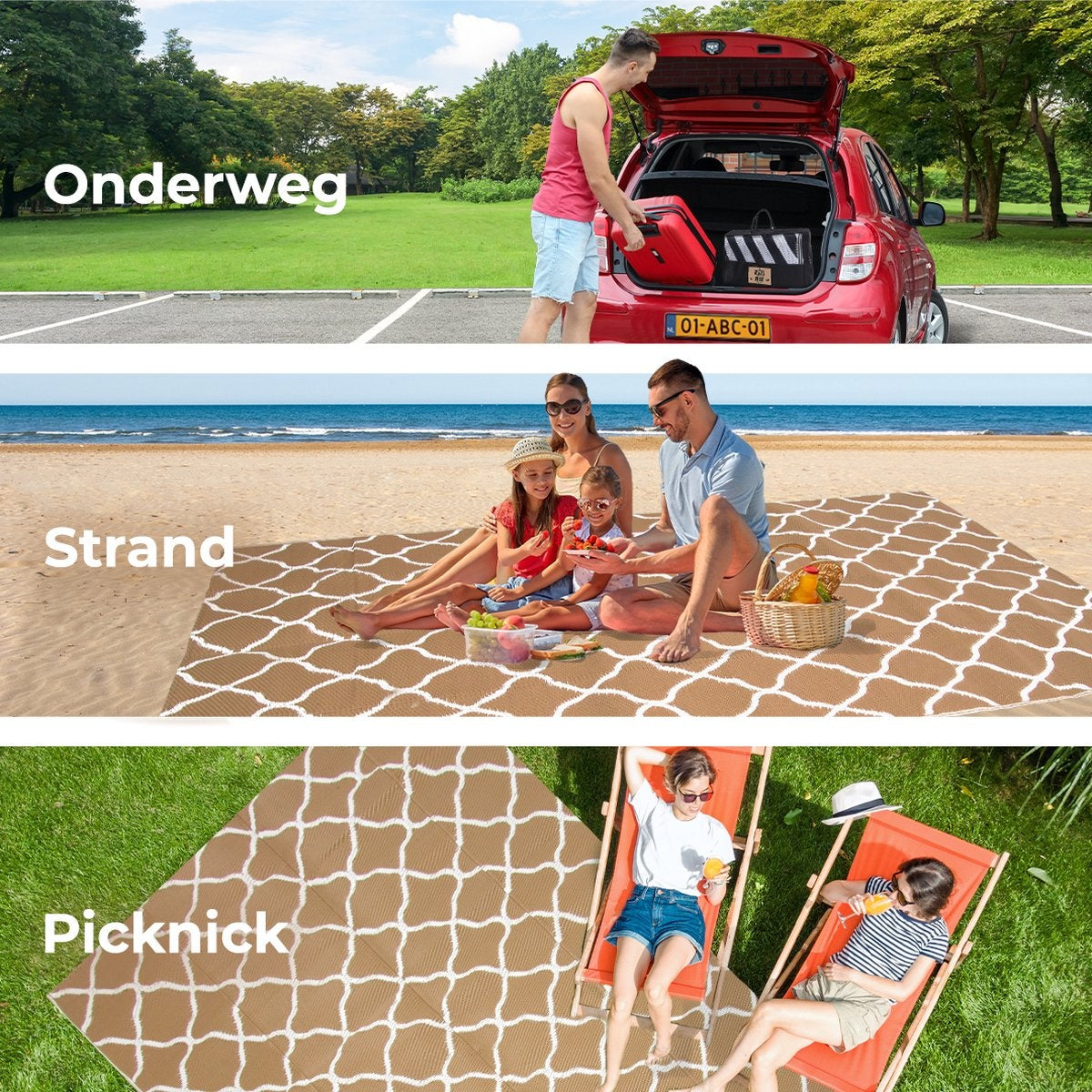 LifeGoods Buitenkleed - 183x290CM - Vloerkleed - Tuintapijt - Omkeerbaar - Incl. Draagtas - Met Patroon - Beige/Wit