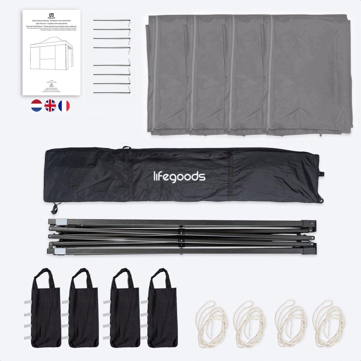 LifeGoods Partytent - Paviljoen - EasyUp - Opvouwbaar - Waterdicht - Met Draagtas met wieltjes - 440 x 297 cm - Donkergrijs