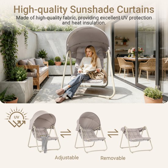 SoBuy OGS62-MI Schommelstoel met verstelbare parasol - Voor Binnen en Buiten - hangmat en Tuinstoel voor buiten - beige, 108 x 126 x 163 cm
