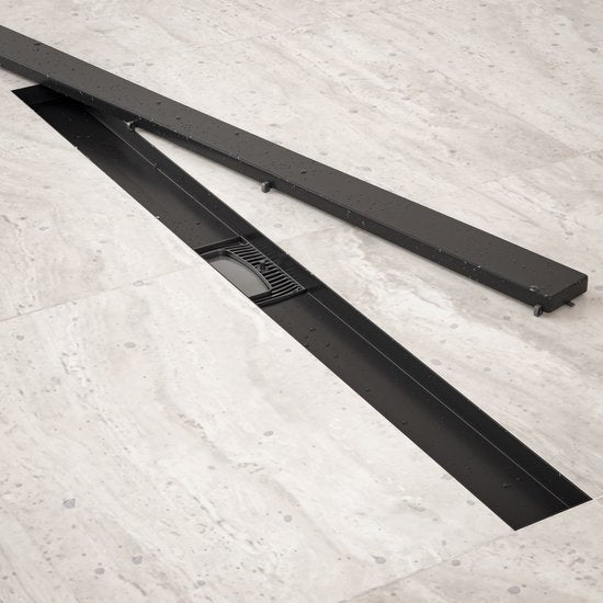 Douchegoot - 90cm- Mat Zwart- Tegelrooster - RVS - Met Flens