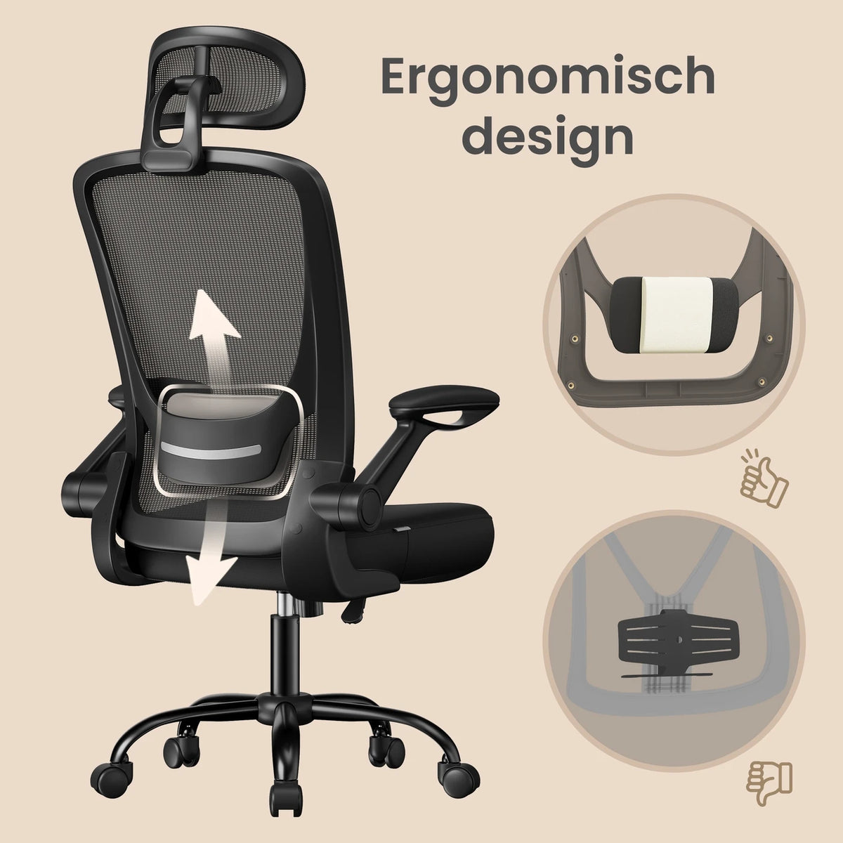 Joyfurnos Ergonomische Bureaustoel Mesh - Verstelbare Lendensteun en Hoofdsteun - Kantelfunctie - 64 x 64 x 115-130 cm - Inktzwart