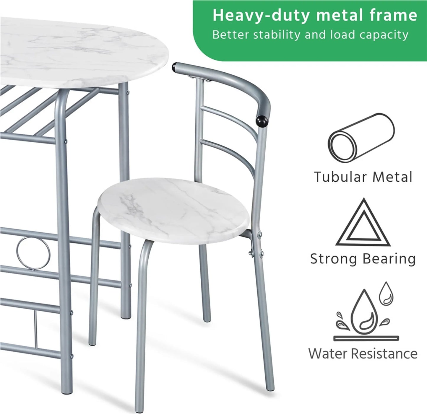 Yaheetech Eethoek 3-Delig – Voorzien Van Opbergvak Onder Het Tafelblad En Twee Stoelen Met Rugleuning En Ruimtebesparend Ontwerp – Voor Keuken En Balkon – Wit Mdf En Metaal – 90 x 53 x 75,5 cm