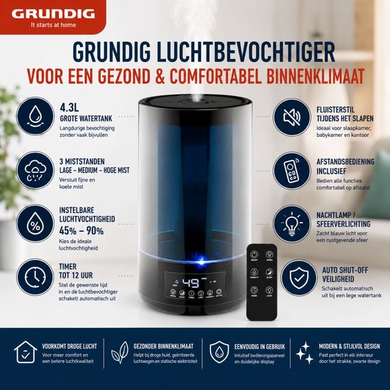 Grundig Luchtbevochtiger HD-1903A - Ultrasone Lucht Bevochtiger 4,3L - met Timer en Nachtlamp - Incl. Afstandsbediening - Zwart