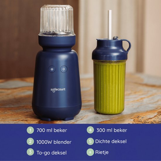 Safecourt Kitchen PureBlend - 1000W Smoothie maker - BPA vrij - inclusief to-go drinkdeksel + rietje- Premium Tritan blendbekers - Blauw