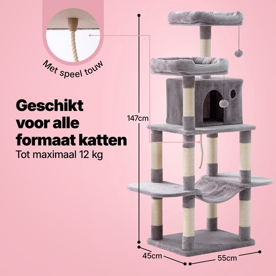 Jake en Jacky Krabpaal voor Katten - Kattenkrabpaal - Krabmeubel - Kattenboom - Krabpalen - Kattenhuis - Lichtgrijs - 147 cm Hoog