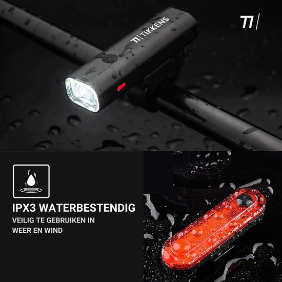 TIKKENS LED Fietsverlichting Set - Fietslamp USB Oplaadbaar - Fietslampjes Voorlicht & Achterlicht - MTB & Racefiets Verlichting - Waterdicht Fietslicht voor en achter