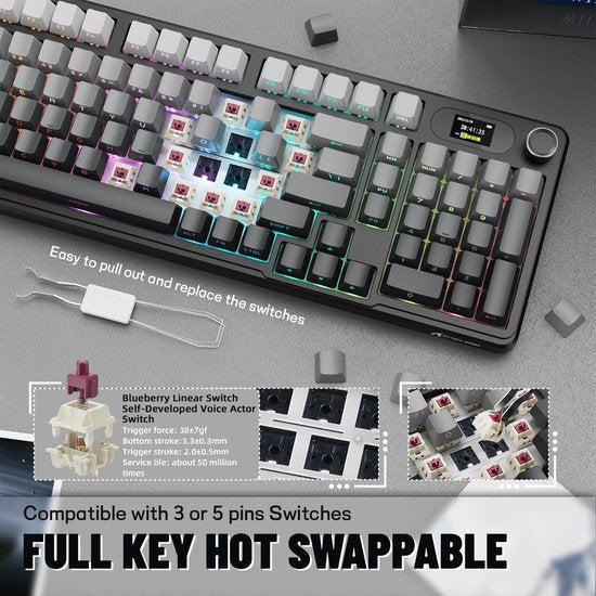 ATTACK SHARK X98PRO - Draadloos Mechanisch Gaming Toetsenbord - Zijbedrukte PBT Keycaps - TFT Scherm - Multifunctionele Draaiknop - Bedraad/2.4G/Bluetooth Tri-Mode - Gasket Mod - 98 toetsen - Moonlit Night