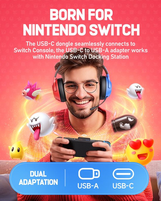 Kofire × CINPUSEN CG-01 - Draadloze Gaming Headset - Over ear koptelefoon - Met microfoon - PC/PS4/PS5/Nintendo Switch - Blauw rood