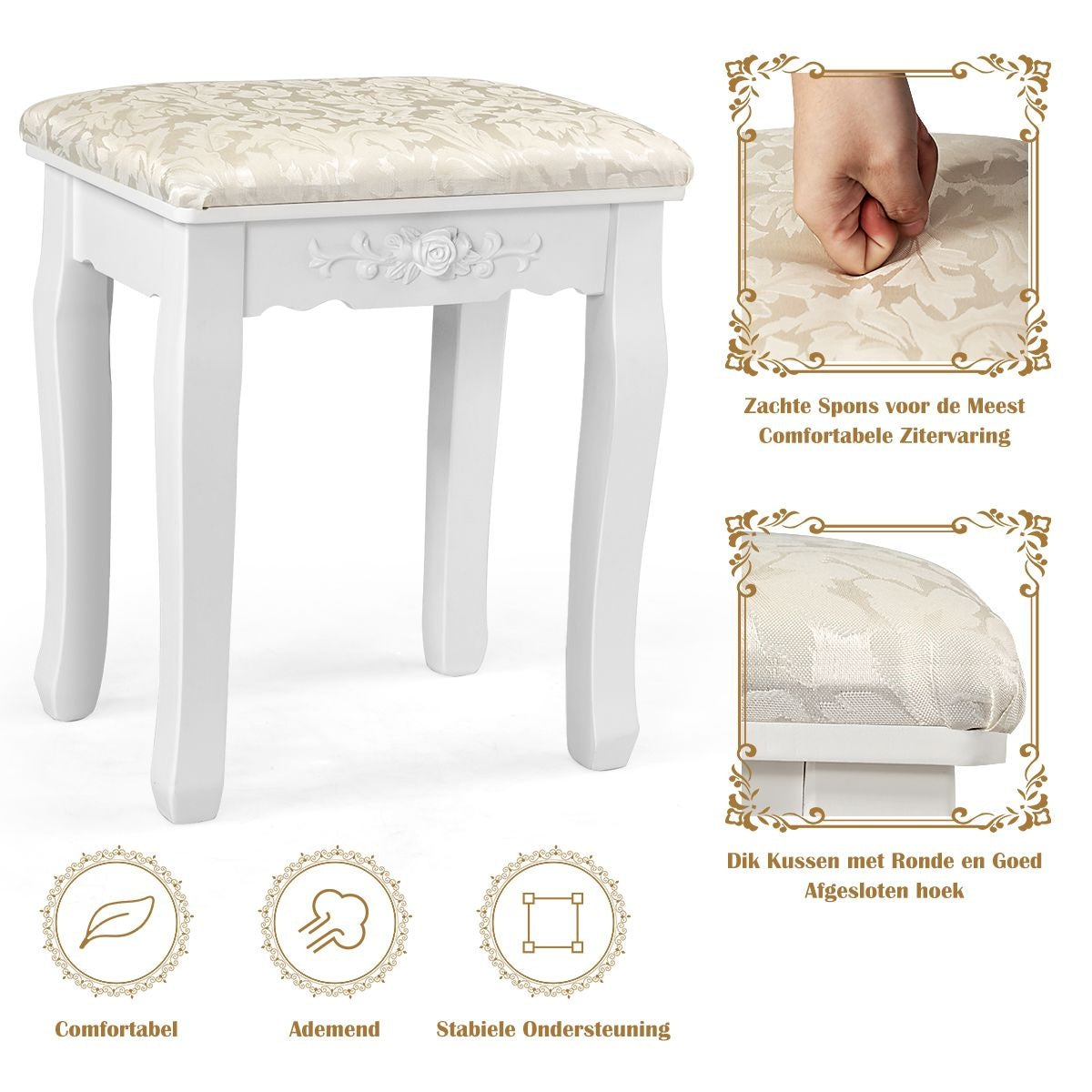 Coast Klassieke Kaptafel met Krukje - LED Lampen - Make up Tafel - 75 x 40 x 146cm - Wit
