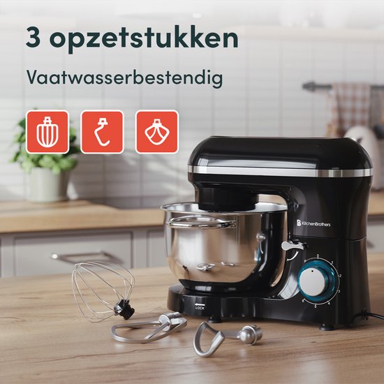 KitchenBrothers Keukenmachine – Incl. Mengkom & Opzetstukken – 1400 W – 38.7 x 23.8 x 31.4 cm – Zwart