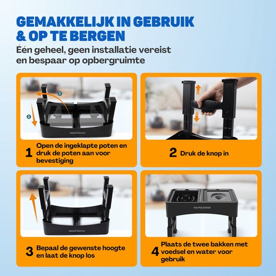 Vulpes Goods® Pets - Voerbak Hond met Standaard - Drinkbak Hond Anti Knoei - Anti Schrokbak Hond - Verhoogde Voerbak - 4 Hoogtes - Slow Feeder - Dubbel - Zwart