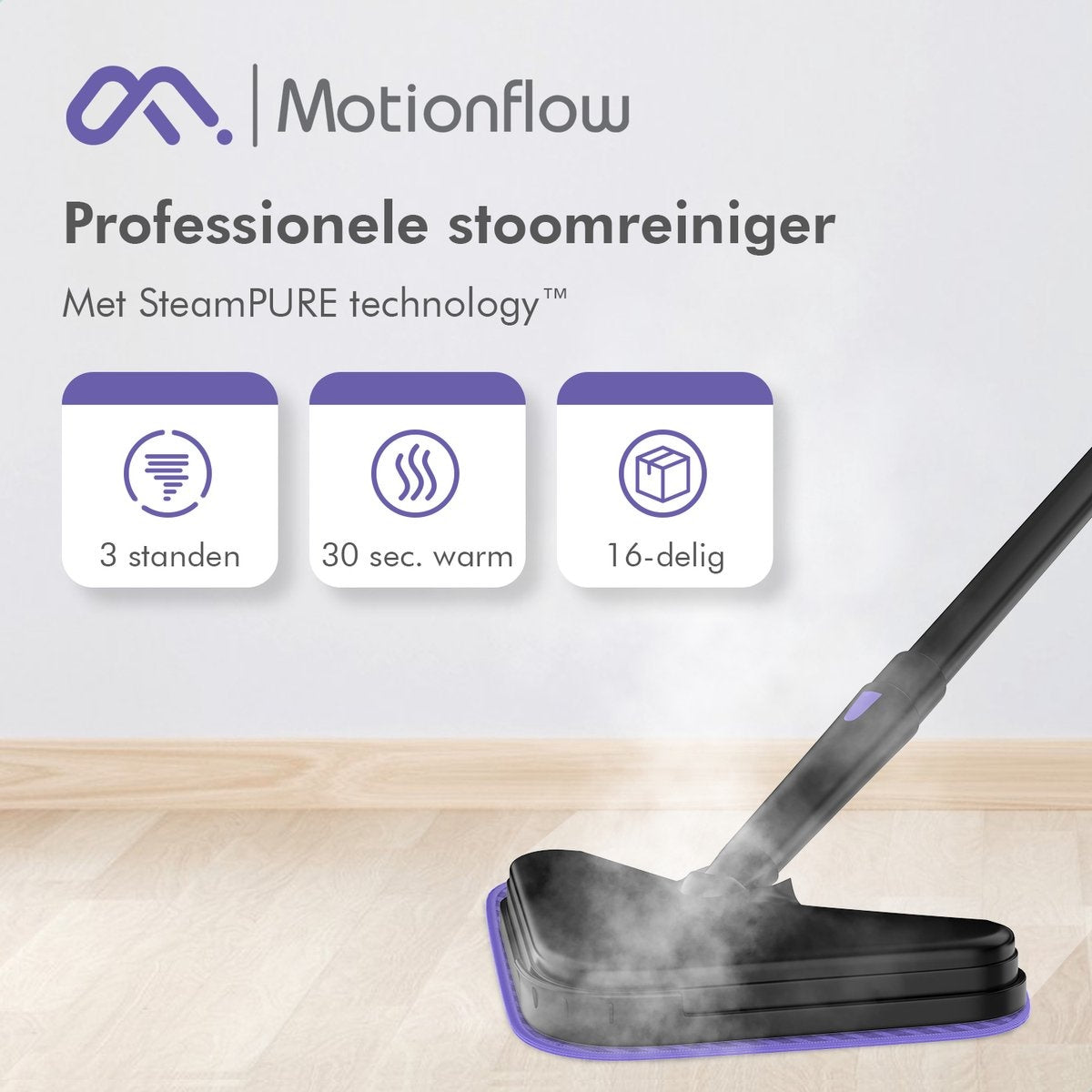 Motionflow Stoomreiniger – Instelbare Stoomkracht – 1200 W – 34 x 23 x 105 cm – Zwart/Paars