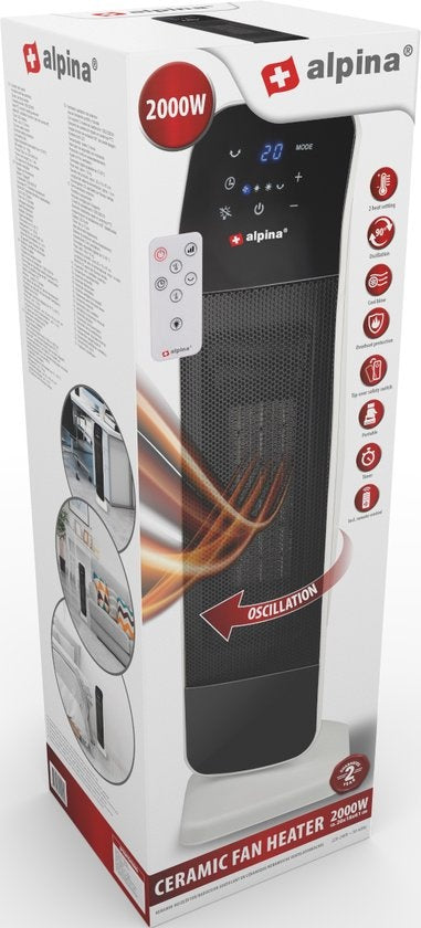 alpina Elektrische Verwarming - Keramische Ventilatorkachel - ook Verkoeling - Timer - Afstandsbediening - Zwenkfunctie - 2000W - Zwart Wit