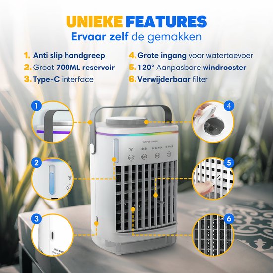 Vulpes Goods® Tech - Mini Airco PRO - Mobiele Airco - Luchtkoeler 4in1 - Aircooler - Tafelventilator - 4 windsnelheden, 2 luchtbevochtingsstanden & timer - Lekvrij - Wit