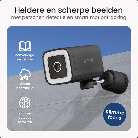 Gologi Premium Outdoorcamera - Buitencamera met Nachtzicht - Beveiligingscamera - Security Camera - 4MP - IP Camera - Geluid en Bewegingsdetectie - Met Kabel - Met Wifi en App - Zwart