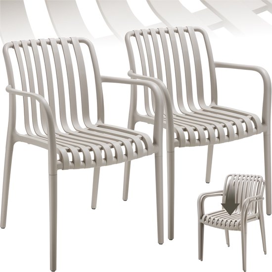 tectake® Set van 2 Tuinstoelen Alcudia - Taupe - Kunststof Stoelen met Armleuning - Tuinset voor om de Tuintafel of op de Camping Stapelbaar - Stoelen voor Tuin, Terras of Balkon - Weerbestendig en UV-bestendig - Draagkracht 120kg per Tuinstoel