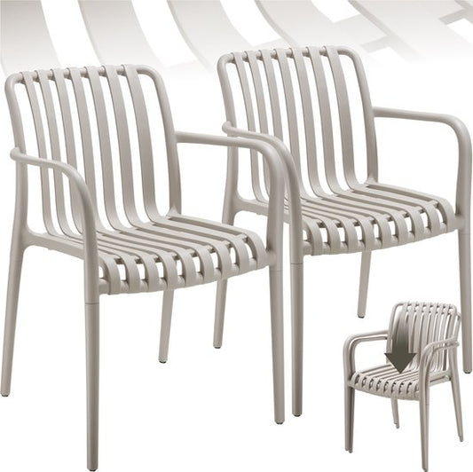 tectake® Set van 2 Tuinstoelen Alcudia - Taupe - Kunststof Stoelen met Armleuning - Tuinset voor om de Tuintafel of op de Camping Stapelbaar - Stoelen voor Tuin, Terras of Balkon - Weerbestendig en UV-bestendig - Draagkracht 120kg per Tuinstoel