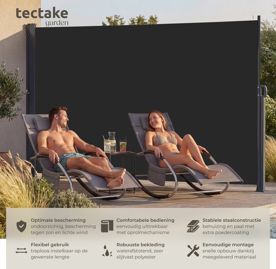 tectake® Uitschuifbaar Windscherm met Oprolmechanisme - 300 x 200 cm - Zijluifel met Aluminium Frame- Zonnescherm - Tuinscherm - Zwart Balkonscherm - Ondoorzichtbaar Privacyscherm - Markiesdoek