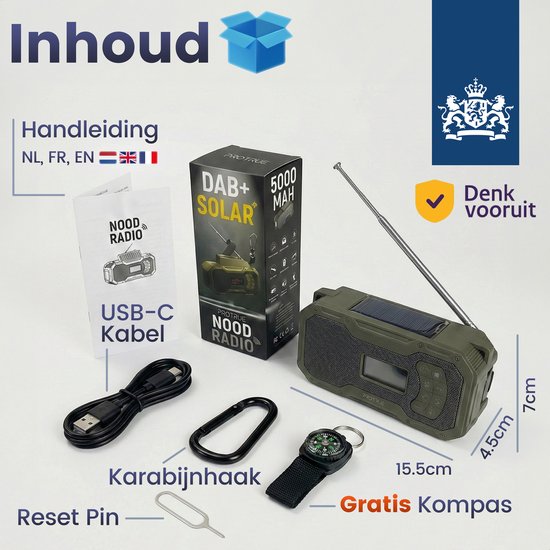 Noodradio Solar Opwindbaar - DAB+ / FM Nood Radio - 5000 mAh Powerbank Zonneenergie - Bouwradio - Badkamer Radio - Noodpakket