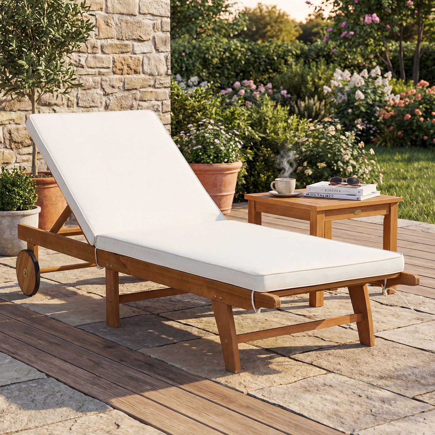 Coast Houten Ligstoel Verstelbare Rugleuning - 194x68x30-90 cm - Beige/Naturel