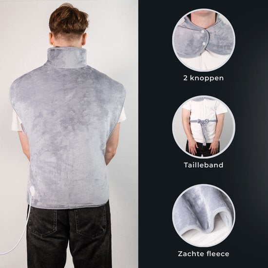 STAUS&BACH WarmWrap - Elektrisch warmtekussen (100W) met 9 timer- en warmtestanden - 90 x 60 cm heating pad - Verwarmingskussen voor nek, schouder en rug - Grijs