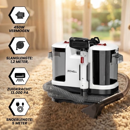 Powell Tapijtreiniger - Vlekkenreiniger - Bank Reiniger - Meubelreiniger - Tapijtreiniger Stofzuiger - Reinigingsmachine - Tapijt Reiniger - 450 Watt - Wit