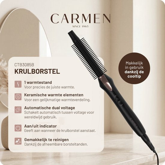 Carmen CTB3085B - Krulborstel - Diameter 19 mm - Dubbele spanning - Thermische borstel - Keramische verwarmingselementen - Aan/uit indicatie - Eenvoudig schoon te maken