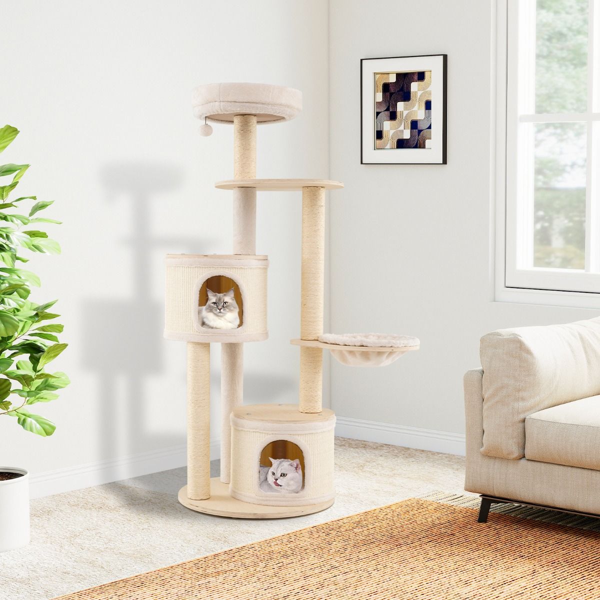 Coast Krabpaal voor katten - 2 kattenhuizen - mand en speelbal - 152 cm - natuur