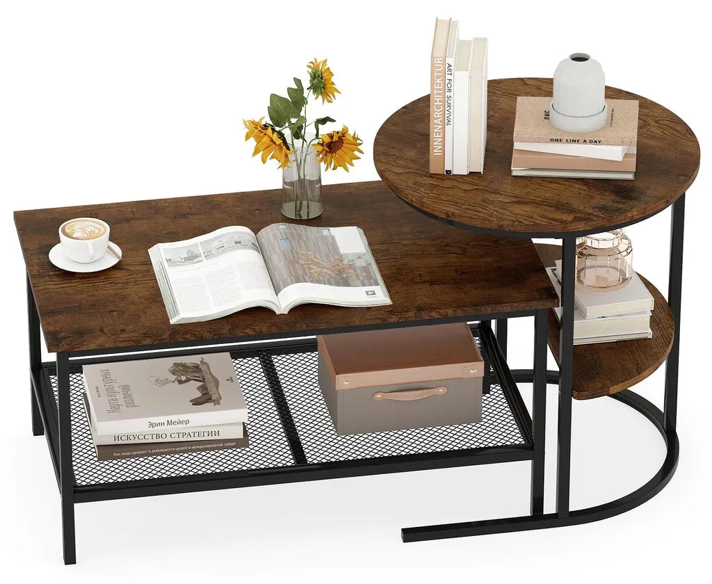 Coast Salontafel Set van 2 – Ovale en Ronde Bijzettafel met Metalen Frame – Bruin