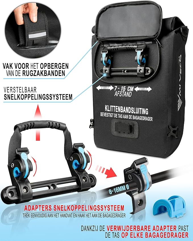 Mivelo 3 in 1 fietstas - fietsrugzak - schoudertas waterdicht 100% PVC-vrij, met laptopvak, bagagedragertas voor alle soorten fietsdragers - Zwart