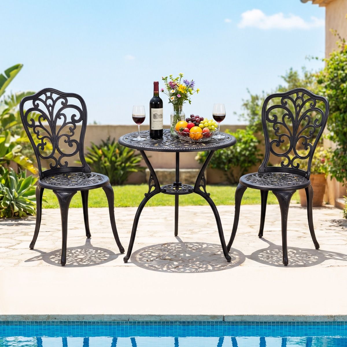 Coast 3-delige bistroset - gegoten aluminium - parasolgat - vlinderrugleuningen - zwart