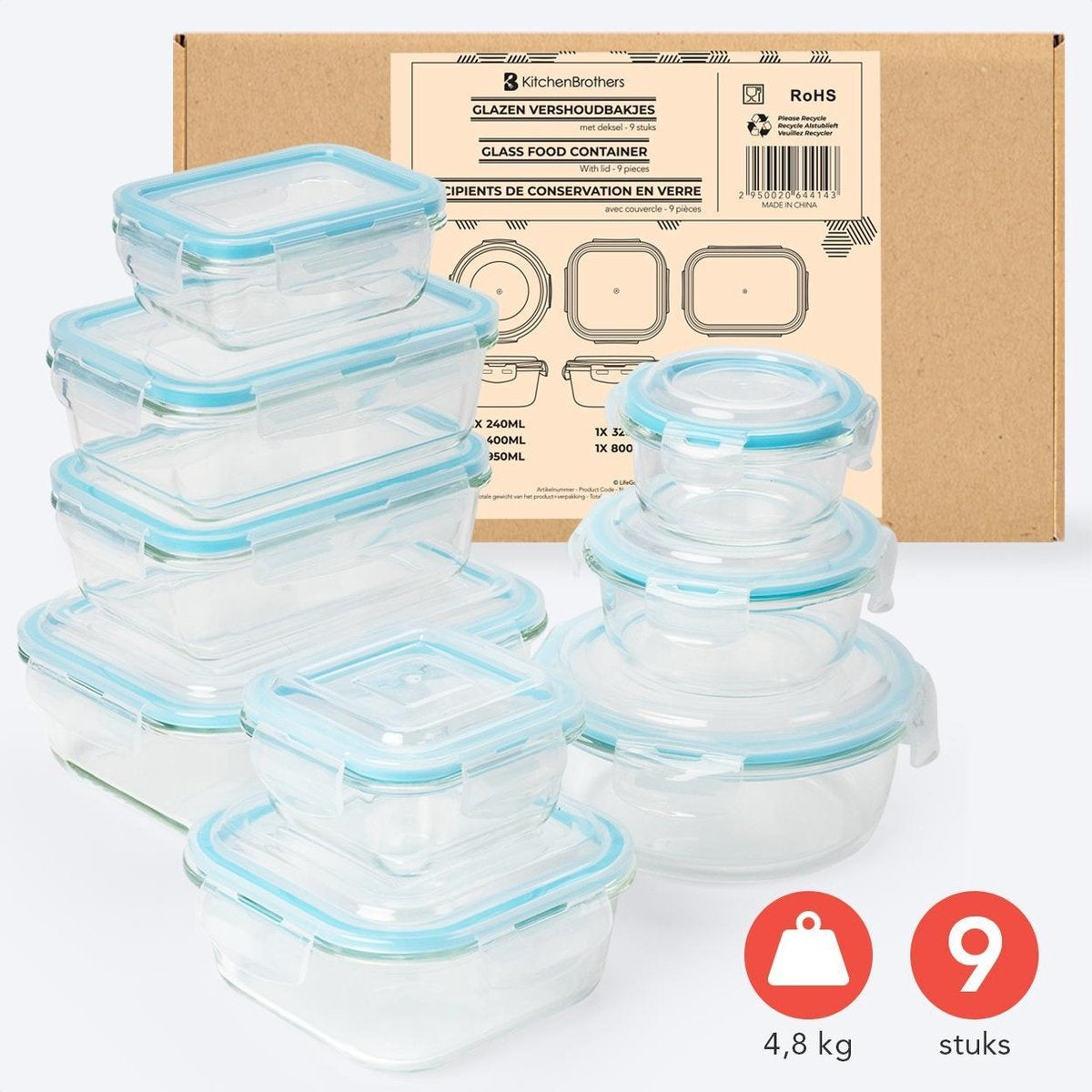 KitchenBrothers Meal Prep Bakjes - Vershoudbakjes Set - Luchtdicht - BPA Vrij - Glas - 9 Stuks