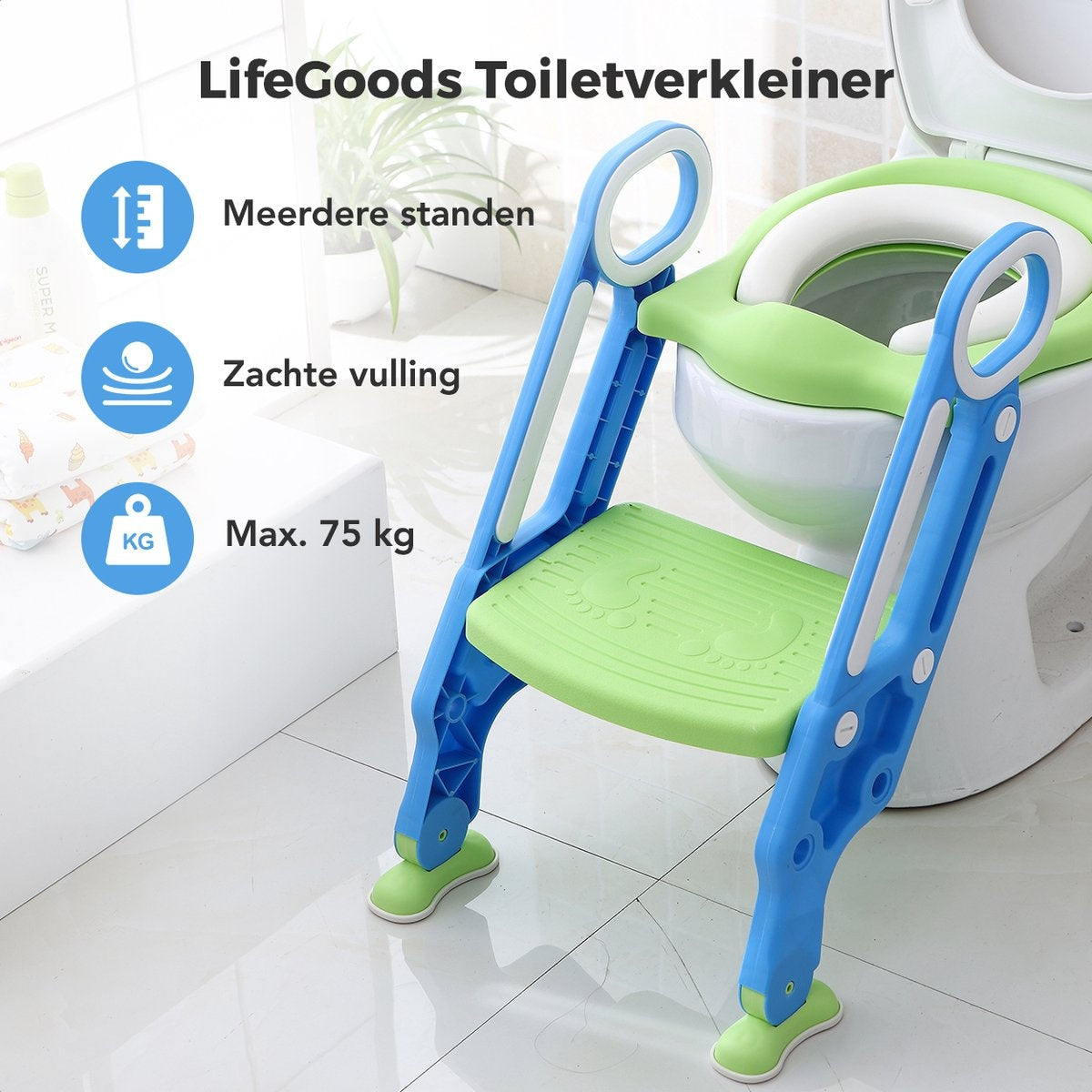 LifeGoods WC Verkleiner met Trapje - Toilettrainer met Opstapje - Potje peuter - 2 tot 7 Jaar - Groen/Blauw