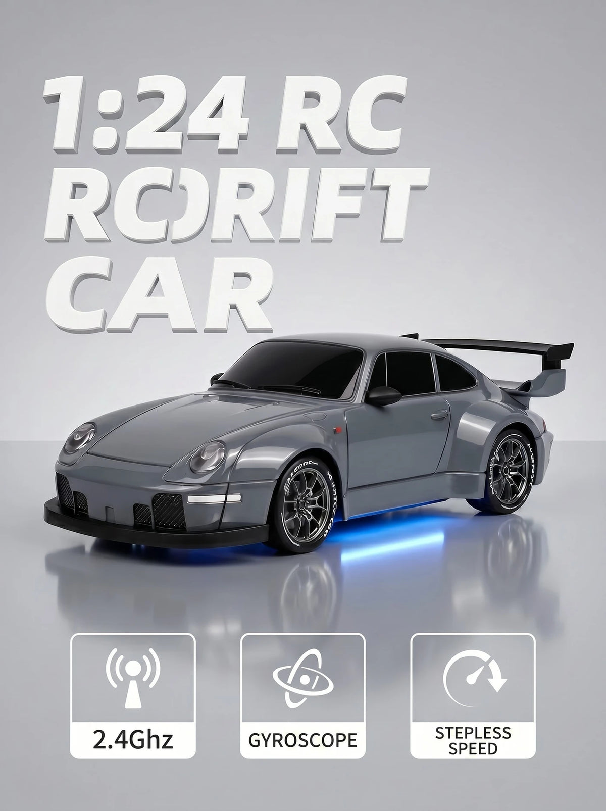 S814 RC-driftauto 1:24 - 4WD met Gyrostabilisator - LED-verlichting & Twee Bandensets - Grijs