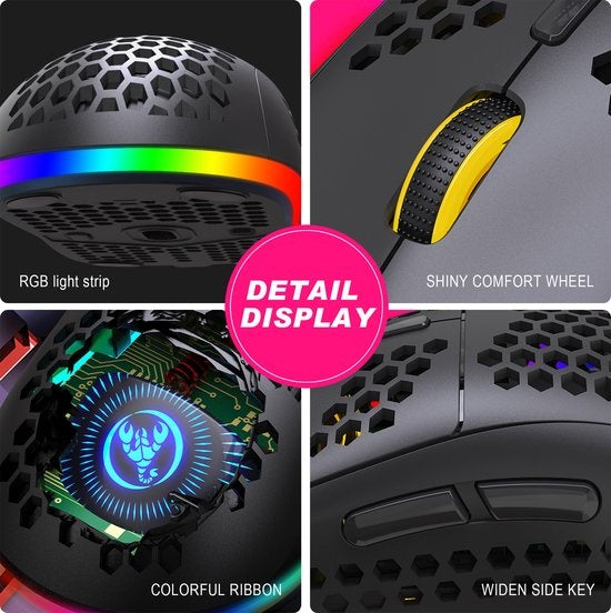 HXSJ T90 2.4G Draadloze Gaming Muis - Bluetooth - Computermuizen - Ultra licht - RGB Verlichting - Zwart