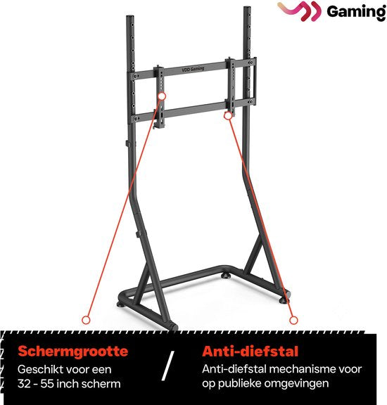 VDD Gaming - Monitor standaard - Monitorstandaard voor Sim racing - Universeel - 32" t/m 55" - Vrijstaand - Verstelbaar - Vergrendelbaar - 72 x 48 x 123 cm - 50 kg - Zwart
