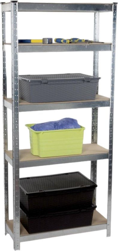Kinzo - Stellingkast (Heavy Duty) - 5 MDF Planken, Max. 750 kg, Montage Zonder Schroeven - 172 x 75 x 30 cm - Metaal/MDF - Grijs/Bruin